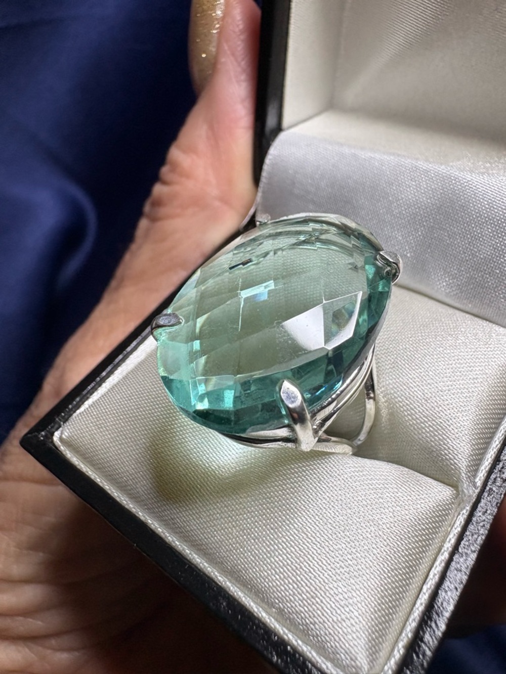 Ring Sterling Silver Aquamarine Gemstone Faceted Oval Statement
